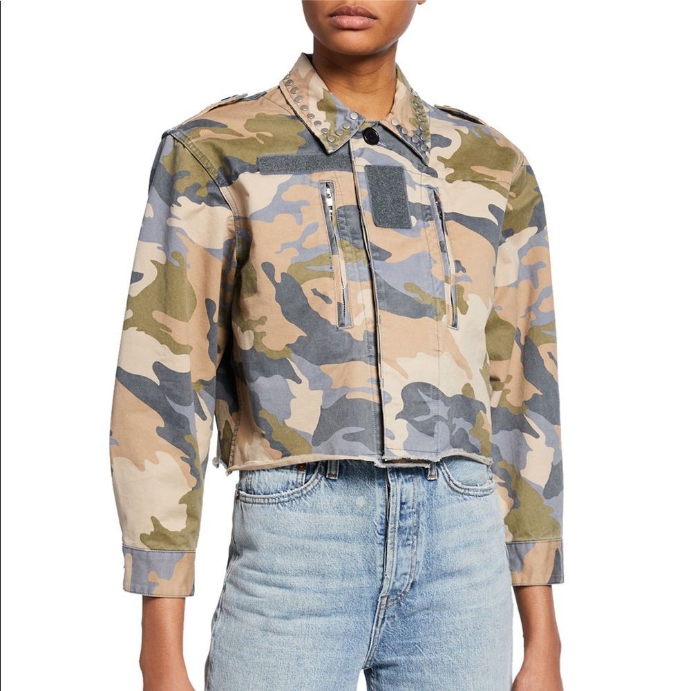 Cropped Camo-Print Studded Military Jacket size S
